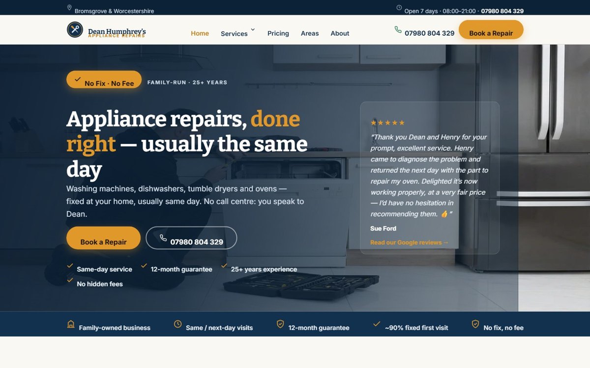 Dean Humphrey's Appliance Repairs website